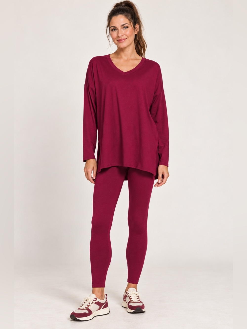Zenana Outfitters V-Neck Long-Sleeve Loungewear Leggings Set Burgundy Leggings